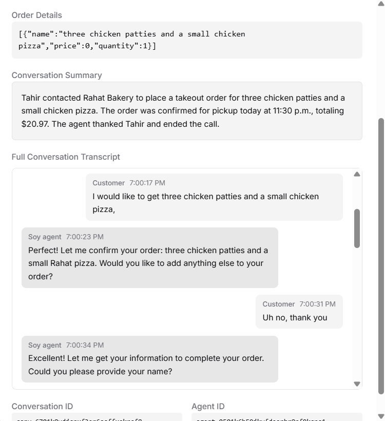 Conversation transcript showing order details, conversation summary, and full transcript